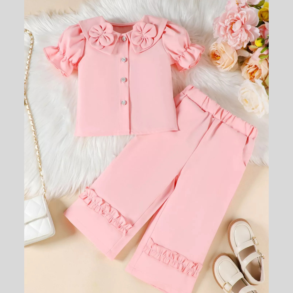 Children's Floral Decor Ruffle Trim Top & Pants Set