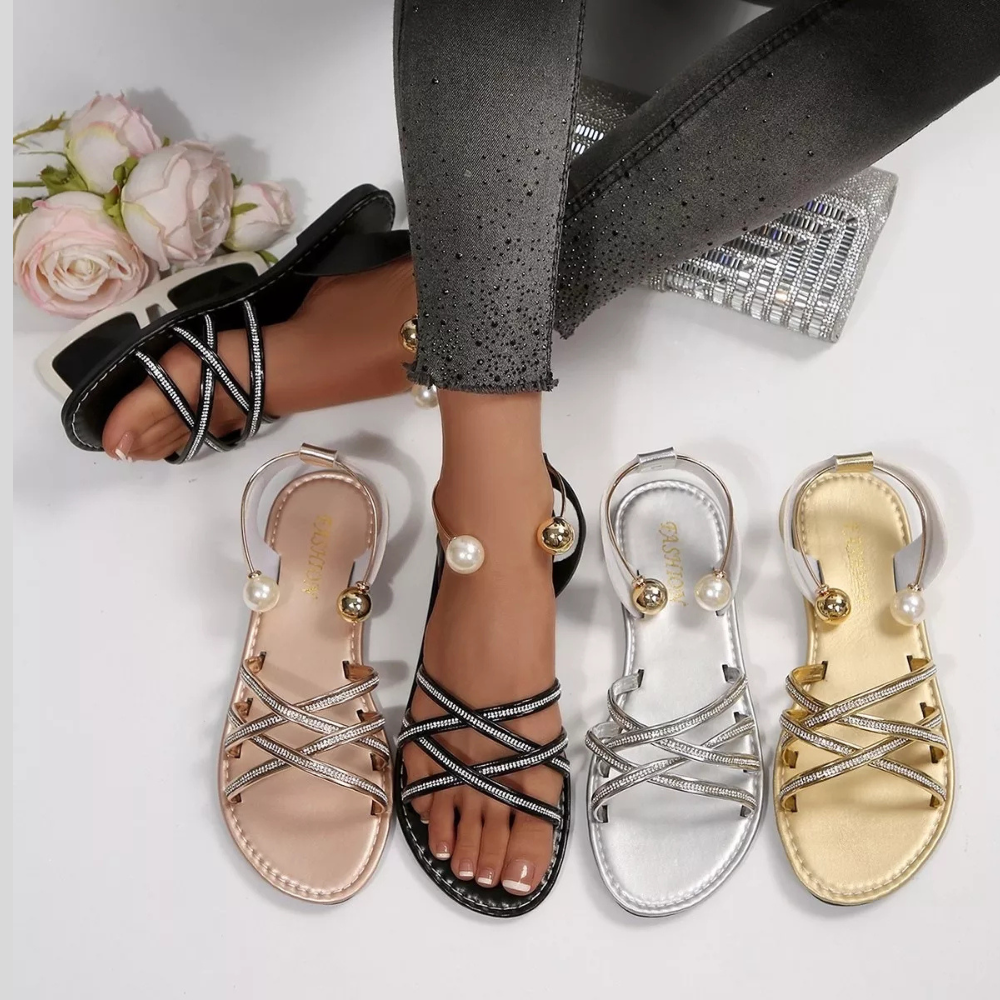 Pearl Embellished Strappy Flat Sandals