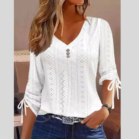 Full Size V-Neck Eyelet Drawstring Sleeve Top Plus Size