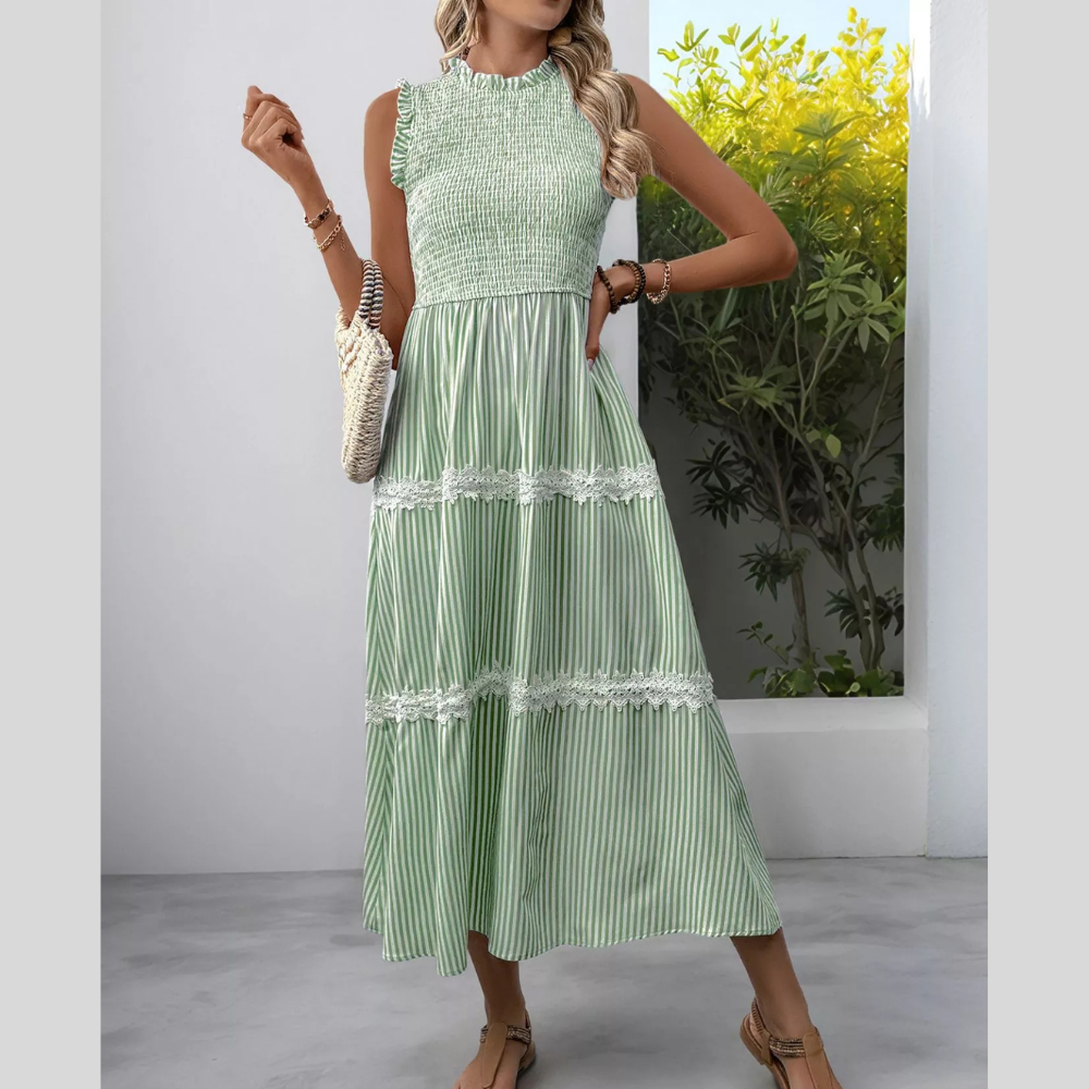 Smocked Striped Lace Trim Sleeveless Midi Dress