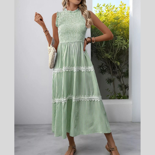 Smocked Striped Lace Trim Sleeveless Midi Dress