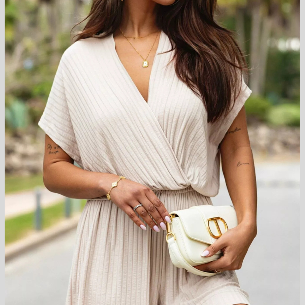 Short-Sleeve V-Neck Ribbed Romper