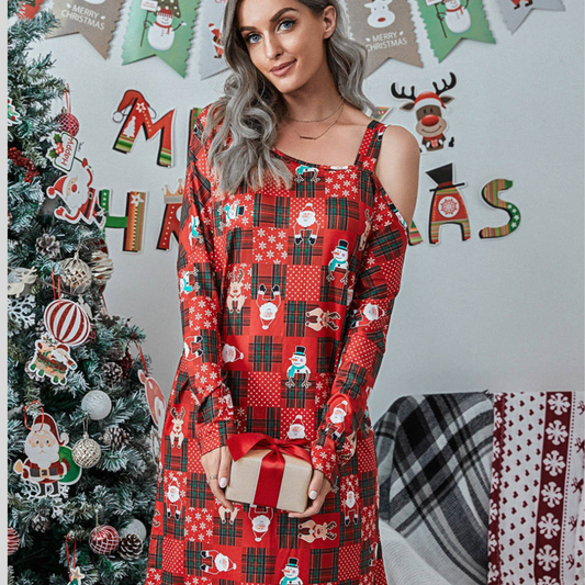 Christmas Asymmetrical Neck Long Sleeve Dress