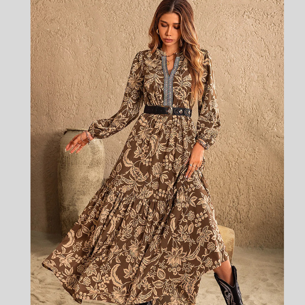 Ruched Printed Notched Long Sleeve Maxi Dress