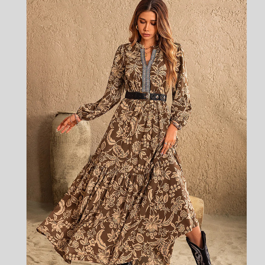Ruched Printed Notched Long Sleeve Maxi Dress
