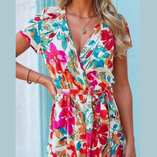 Printed Surplice Short Sleeve Tie Waist Maxi Dress