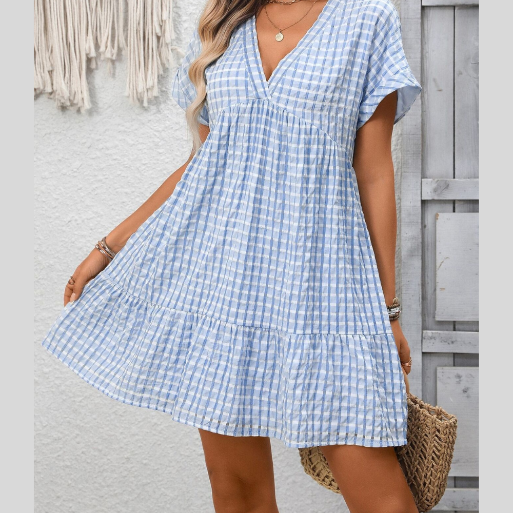 Plaid V-Neck Ruffle Hem Mini Dress