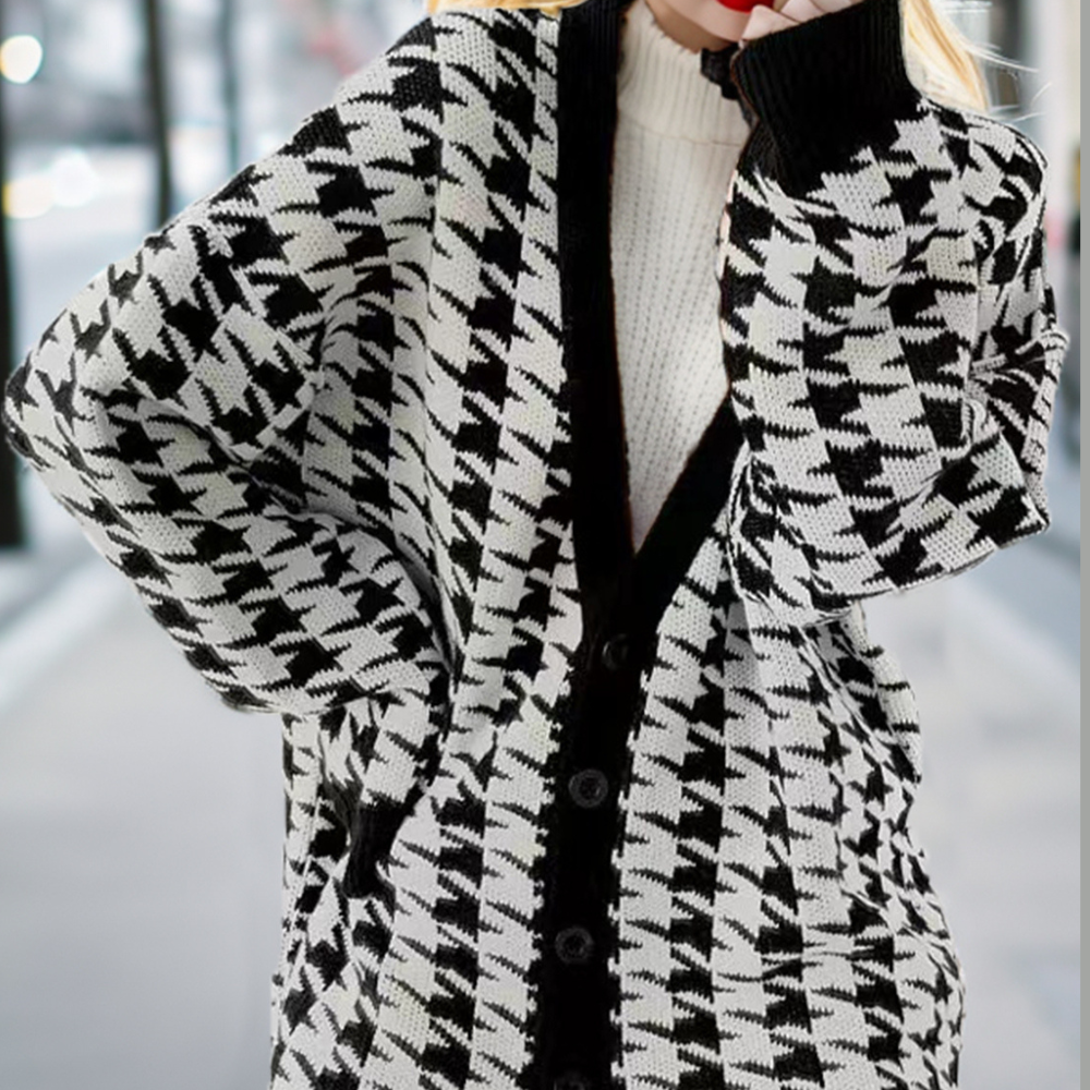 Houndstooth Button Front Long Sleeve Cardigan