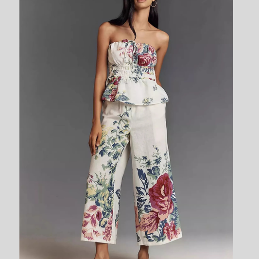 Floral Print Strapless Top and Wide-Leg Pants Set