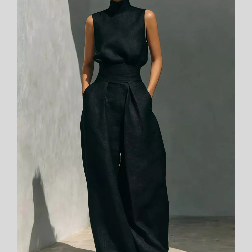 Full Size Turtleneck Sleeveless Top and Wide Leg Pants Set Plus Size