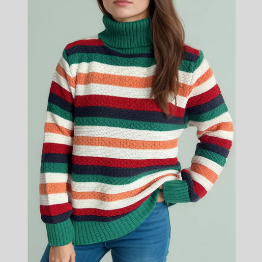 Contrast Stripes Turtleneck Long Sleeve Sweater