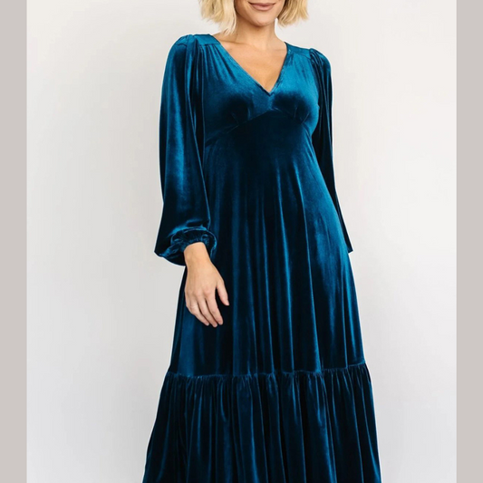 V-Neck Long Sleeve Midi Velvet Dress