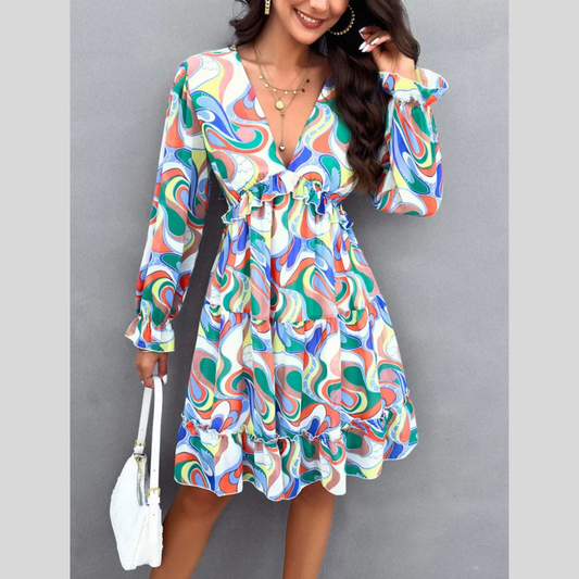 Devine Backless Printed V-Neck Flounce Sleeve Dress
