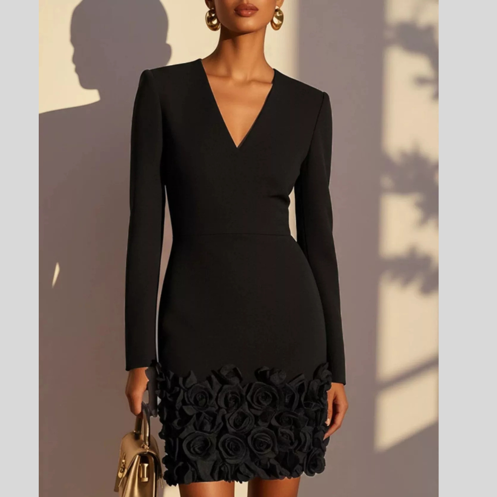 V-Neck Dress with Rose Embellishment