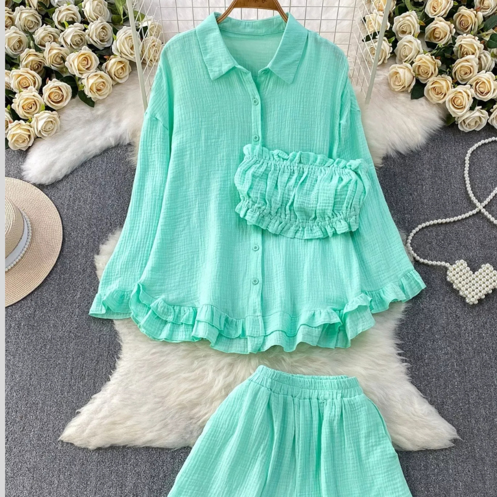 Tube Top & Long Sleeve Shirt & Shorts 3 Piece Set