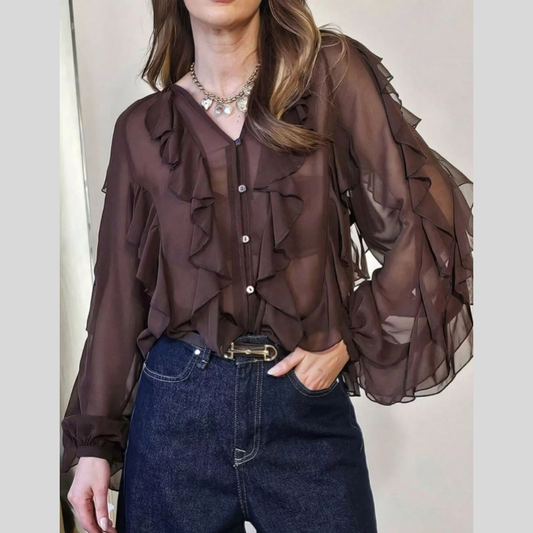 Ruffled Sheer Long Sleeve Blouse