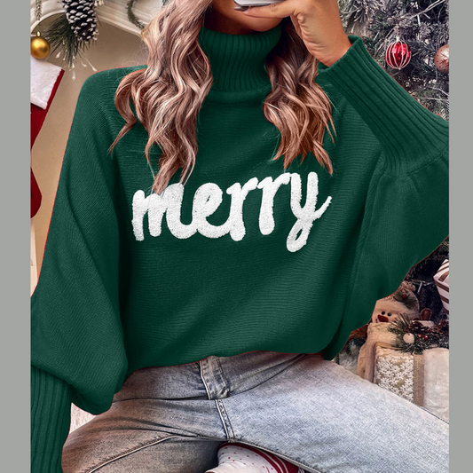 Double Take Full Size Merry Christmas Turtleneck Long Sleeve Sweater