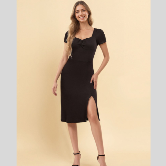Sweetheart Neck Short Sleeve Slit Dress