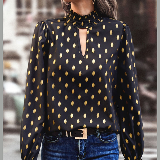 Cutout Printed Mock Neck Flounce Sleeve Blouse