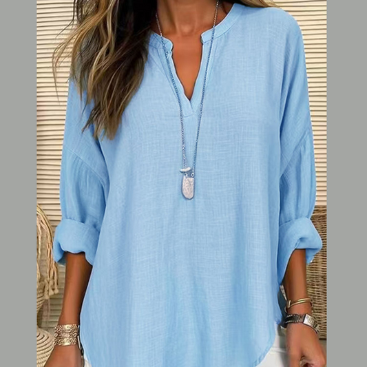 Solid Color Notched Long Sleeve Blouse