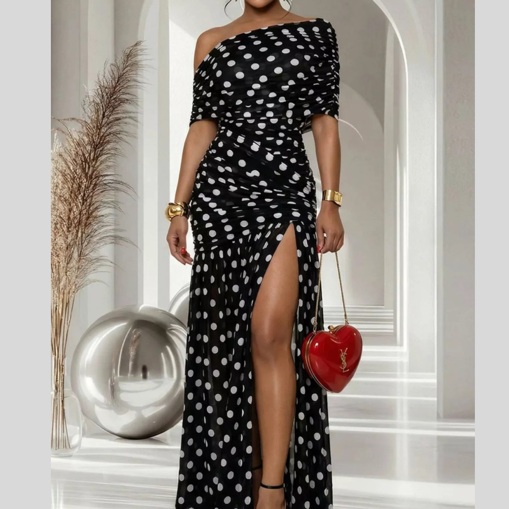 Polka Dot Off Shoulder Slit Maxi Dress