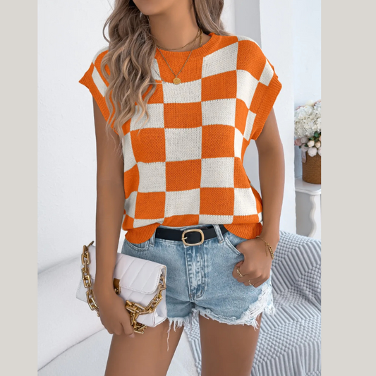 Cap Sleeve Checkered Knit Tee with Round Neck