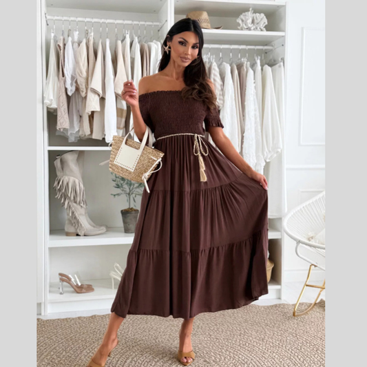 Off Shoulder Smocked Tiered Midi Dress