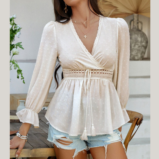 Devine Swiss Dot Lace Detail Surplice Flounce Sleeve Blouse