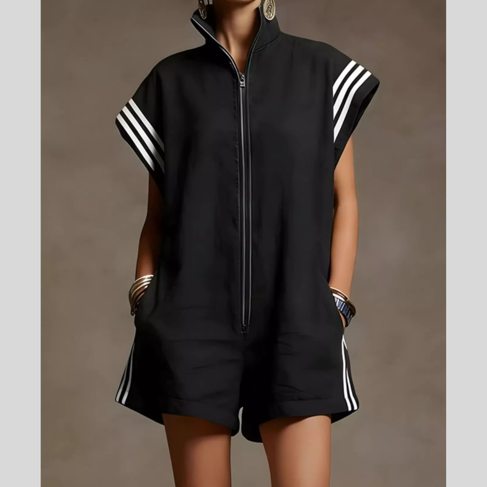Striped Zip Front Short Sleeve Romper