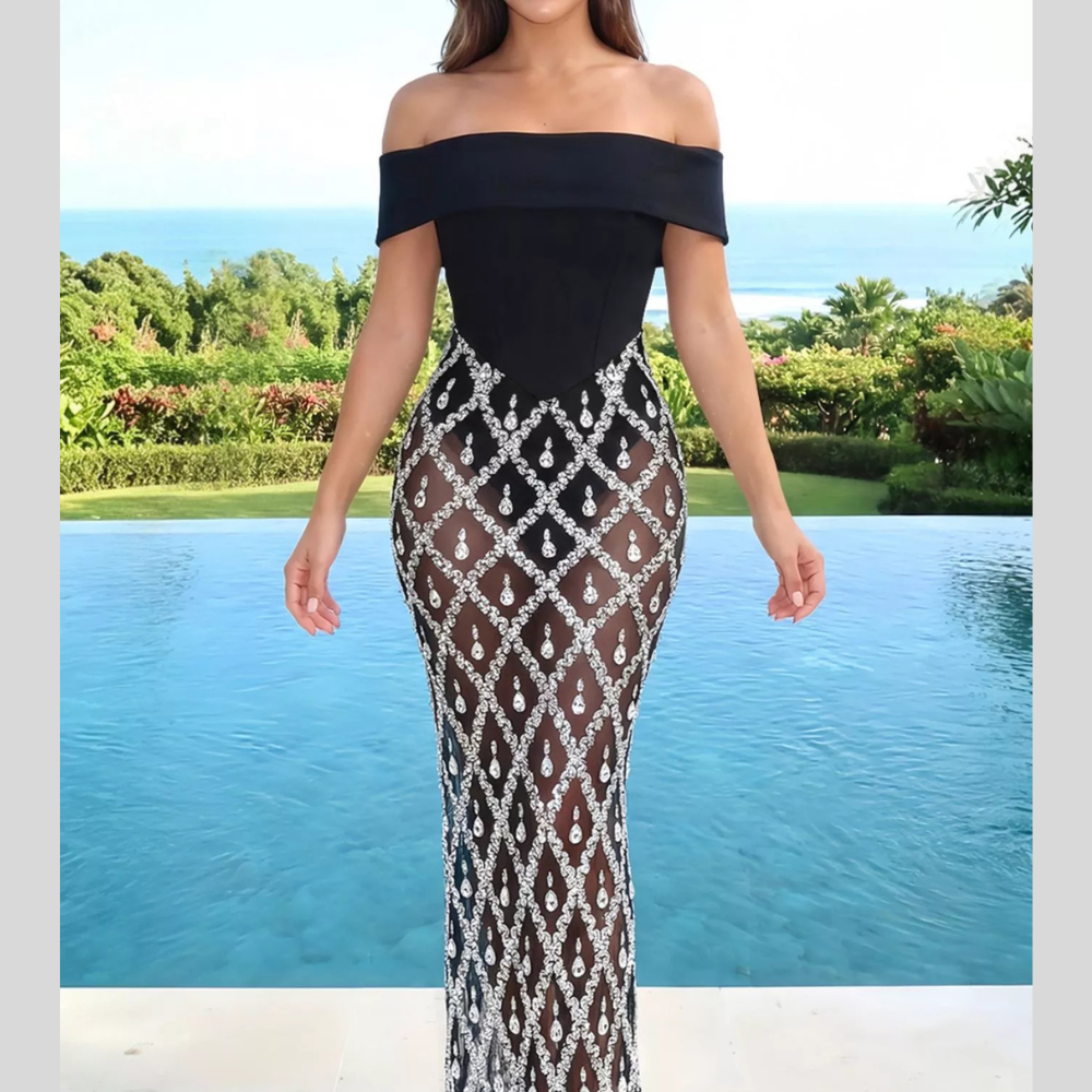 Off-Shoulder Sheer Rhinestone Embellished Maxi Dress