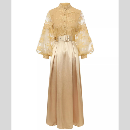 Lace Lantern Sleeve Belted Maxi Dress