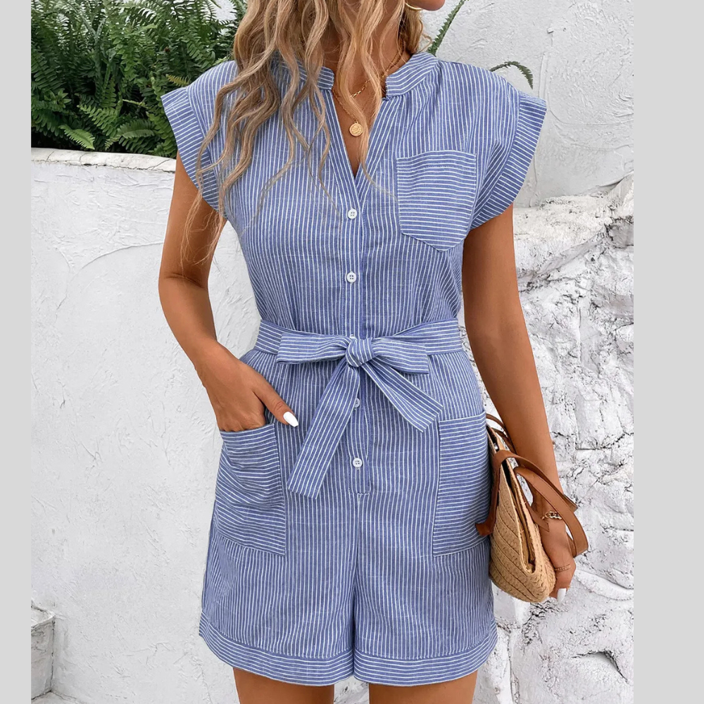 Perfee Striped Notched Tie Waist Romper