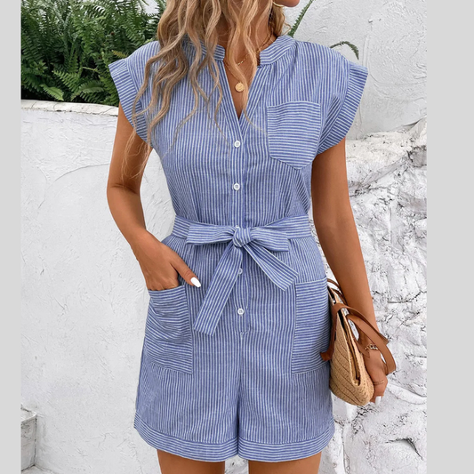 Perfee Striped Notched Tie Waist Romper