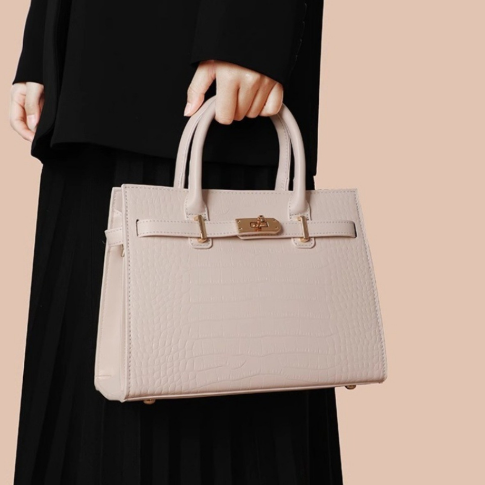 Crocodile-Embossed Leather Top Handle Handbag