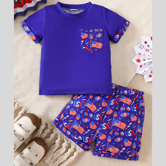 Children's Patriotic USA Flag Print Tee and Shorts Set