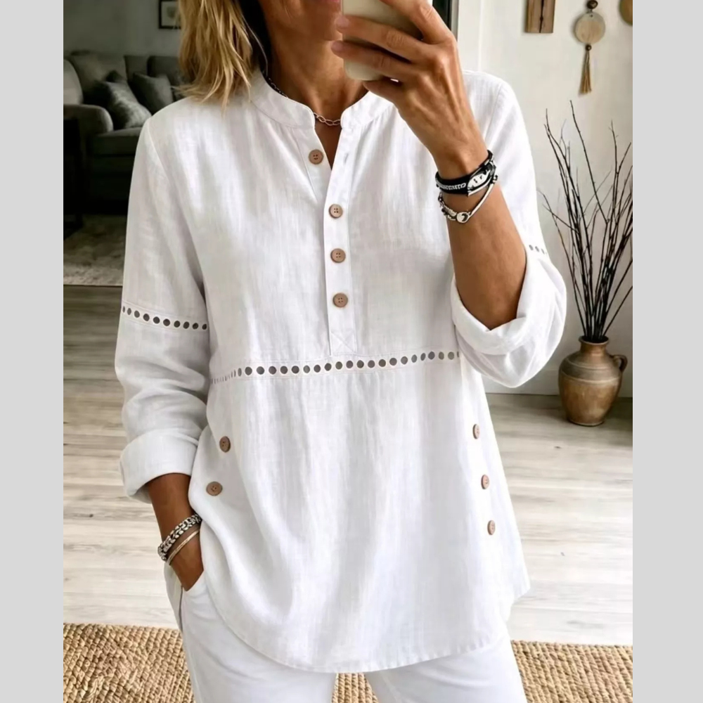 Full Size Button Detail Eyelet Long Sleeve Blouse Plus Size