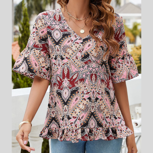 Printed Flounce Sleeve Ruffle Hem Blouse