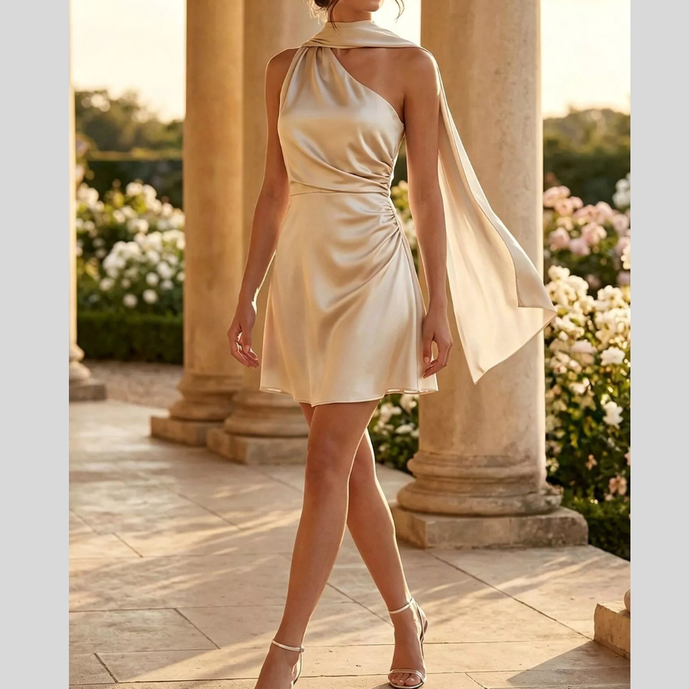 Satin One-Shoulder Mini Dress with Draped Detail