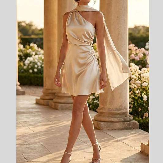 Satin One-Shoulder Mini Dress with Draped Detail