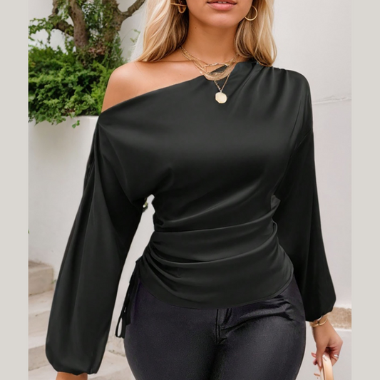 Drawstring One Shoulder Long Sleeve Blouse