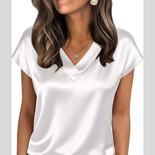 Satin V-Neck Short Sleeve Blouse
