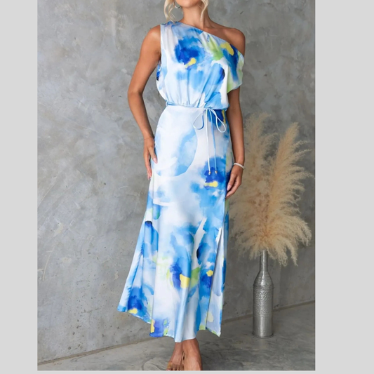 One Shoulder Printed Dress with Slit