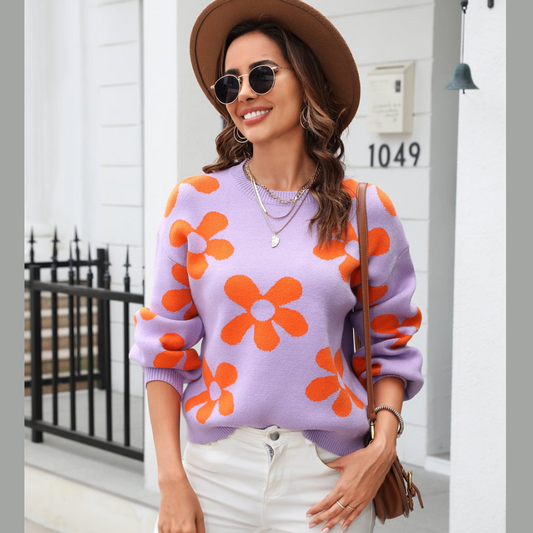 Angel Wings Floral Print Dropped Shoulder Round Neck Pullover Sweater