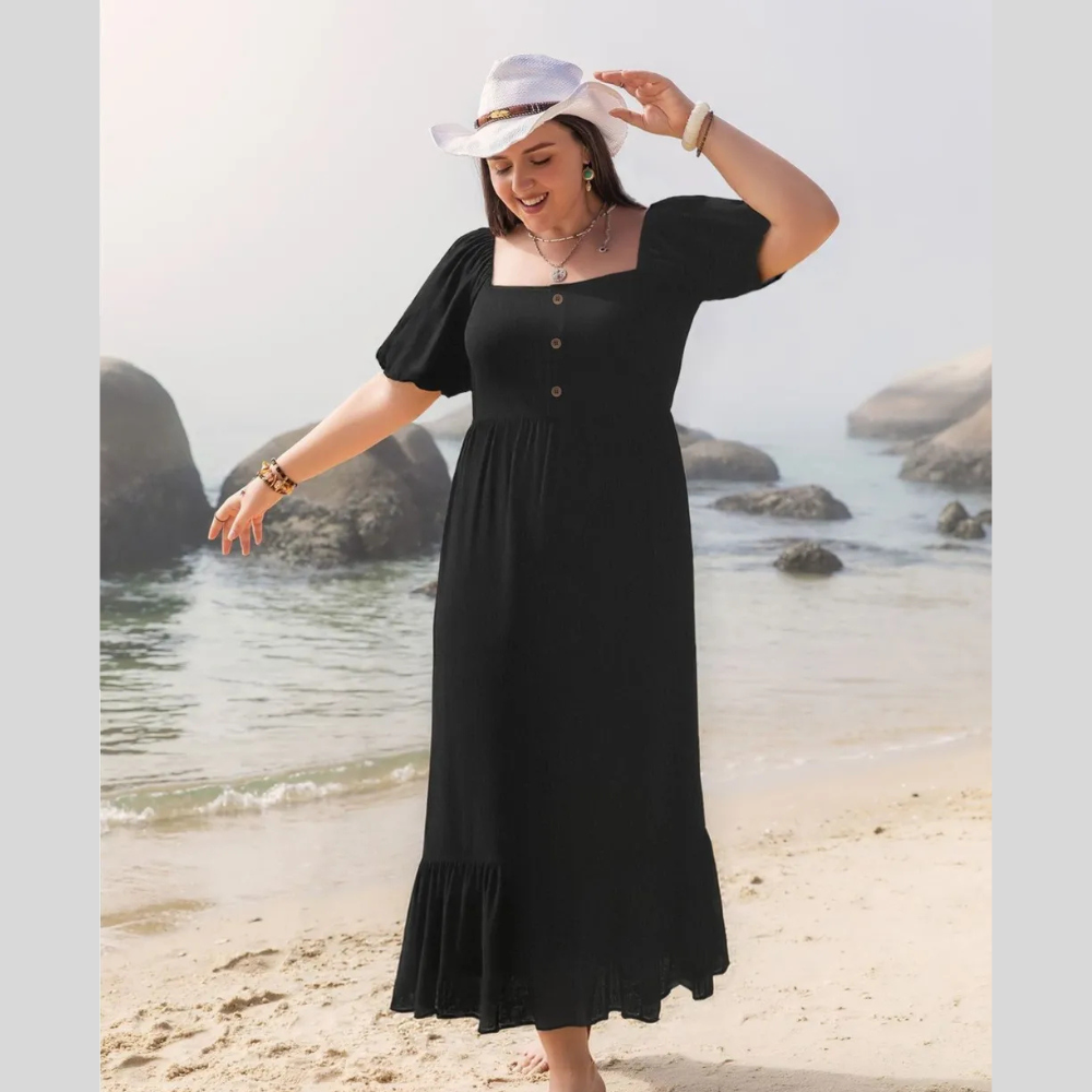 Plus Size Ruffled Hem Square Neck Short Sleeve Dress