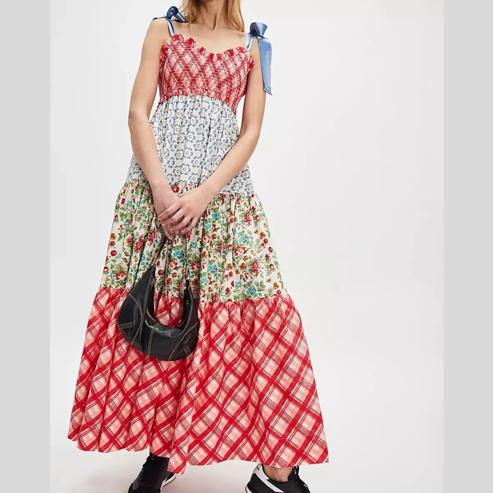 Smocked Tie Shoulder Printed Maxi Dress