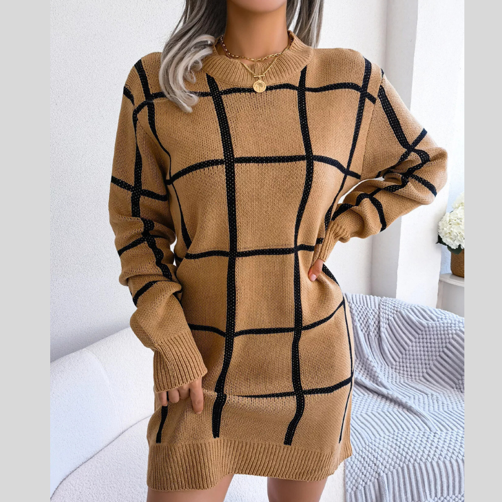 Plaid Pattern Long Sleeve Sweater Dress