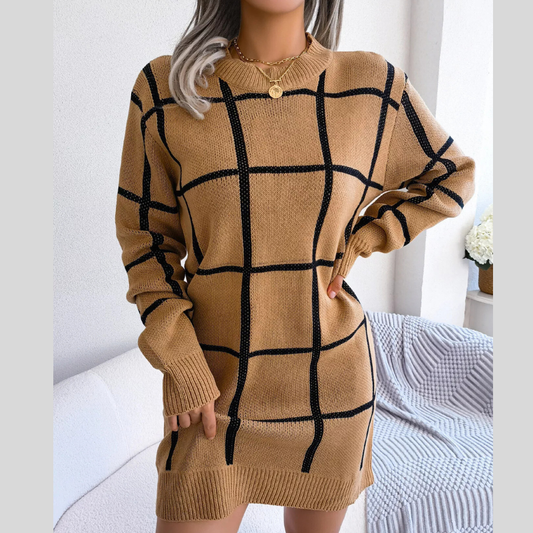 Plaid Pattern Long Sleeve Sweater Dress