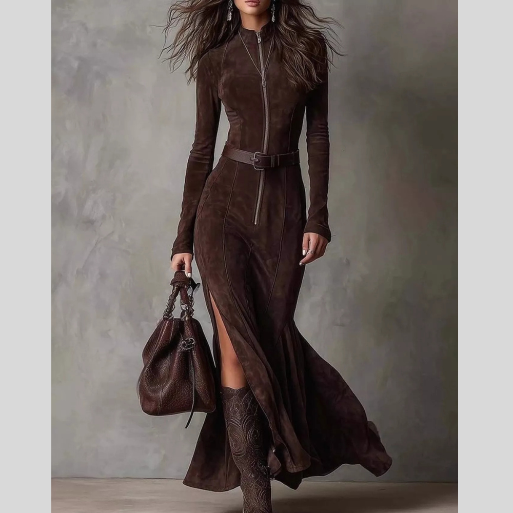 Full Size Zipper Front Long Sleeve Slit Maxi Dress Plus Size