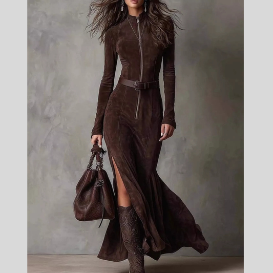 Full Size Zipper Front Long Sleeve Slit Maxi Dress Plus Size
