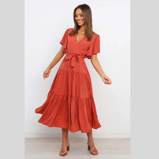 Tied Tiered Short Sleeve Midi Dress